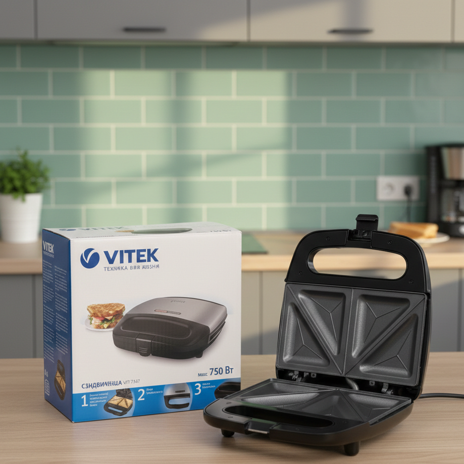 Vitek VT‑7147 Sandwich Maker | 750W | Non-Stick Plates | 4 Triangular Toasts | Compact & Safe Design