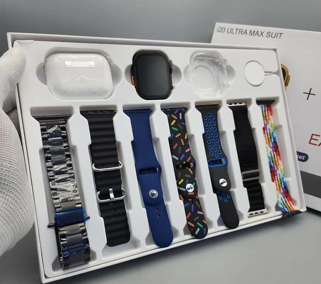 I20 Ultra Max suit Smart Watch 10 in 1 box 2.3inch large screen with 7 strips smartwatch With Airpords2 (random color)