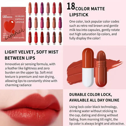 LMG BROTHS 18-Color Capsule Lipstick Set – Silky Smooth Matte Finish Mini Lipstick Pods (Travel Size & Portable)