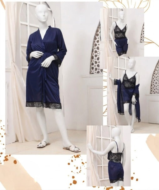 Women's Luxury Silk Nightwear Set with Black Lace – 3 Piece Robe & Slip Dress (Color Black Free Size)