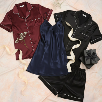 Couple Silk Night Suit / Sleepwear Set – Shirt & Shorts with Slip Dress | Maroon