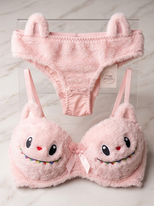 2 PCs Labubu Style Cute Double Padded Bra & Panty Set for Women – Soft Wool Material, Comfortable Lingerie Set (Size 38 Random Color)