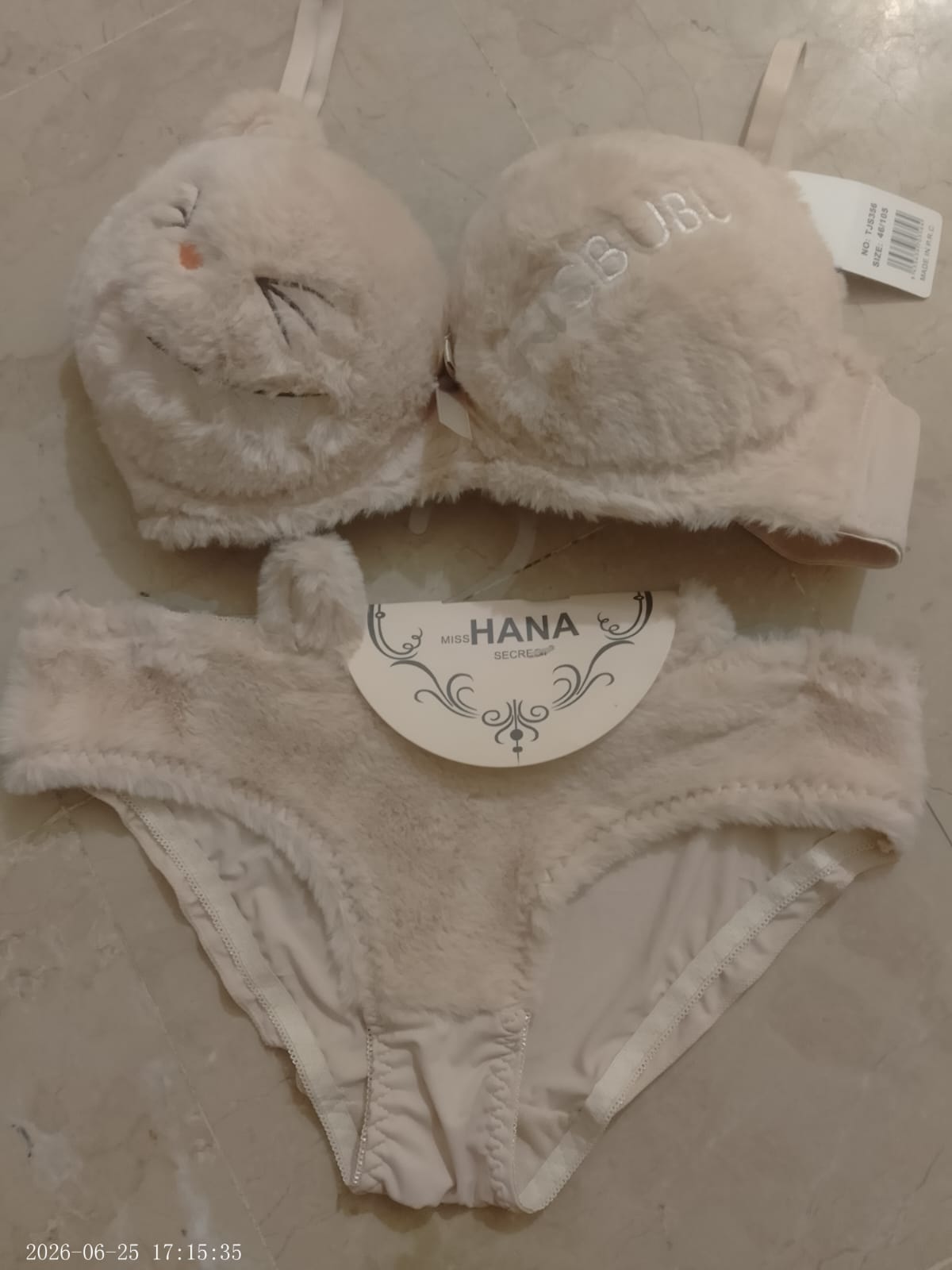Cute Fur Style Double Padded Woolen Bikini Set – Soft Beige Plush Bra & Panty Lingerie Set - Size 38