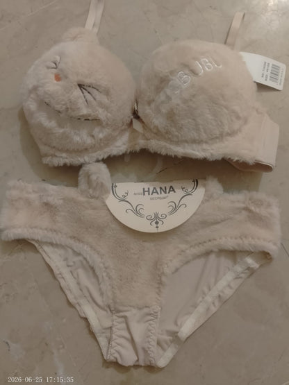 Cute Fur Style Double Padded Woolen Bikini Set – Soft Beige Plush Bra & Panty Lingerie Set - Size 38