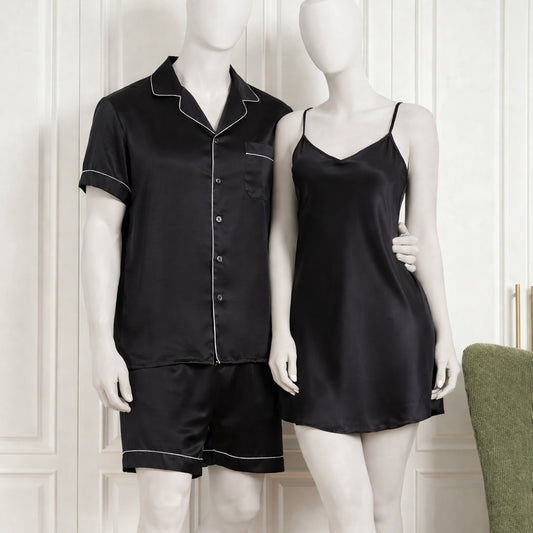 Couple Silk Night Suit / Sleepwear Set – Shirt & Shorts with Slip Dress | Maroon