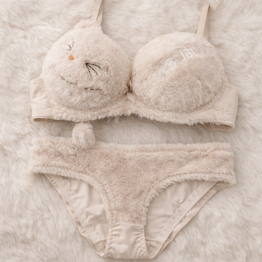 Cute Fur Style Double Padded Woolen Bikini Set – Soft Beige Plush Bra & Panty Lingerie Set - Size 38