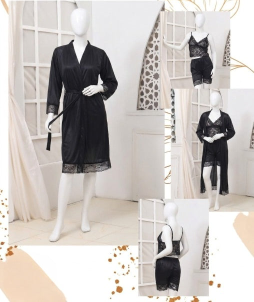 Women's Luxury Silk Nightwear Set with Black Lace – 3 Piece Robe & Slip Dress (Color Black Free Size)