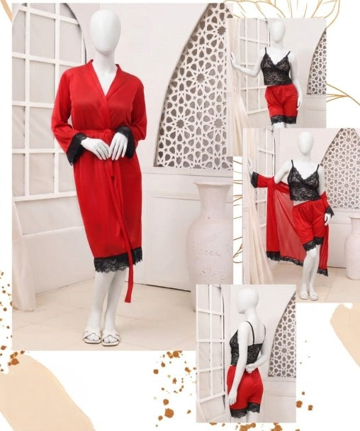 Women's Luxury Silk Nightwear Set with Black Lace – 3 Piece Robe & Slip Dress (Color Black Free Size)