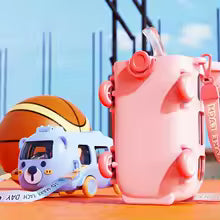 School Bus Design Kids Water Bottle With Strap 600ml | Random Color