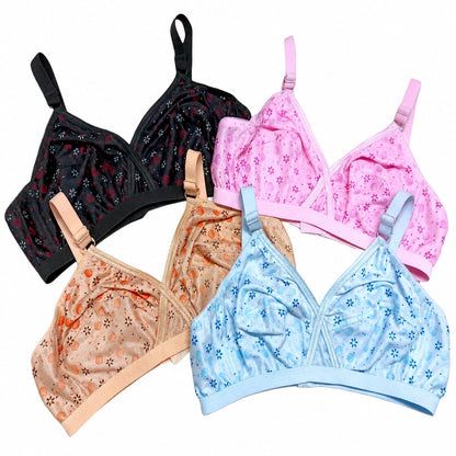 Pack Of 4 Women Ladies Girls Classy Multi Colour Jersey Printed Bra Brief Blouse Brazier Brassie - Comfortable Daily Innerwear Set (Size 32)