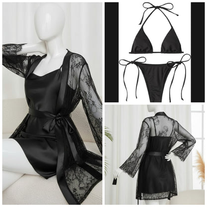 4 Piece Women’s Transparent Net Gown Set – Soft Lace Robe with Silk Inner, Bra & Panty | Free Size - Up to 38 Chest (Black)