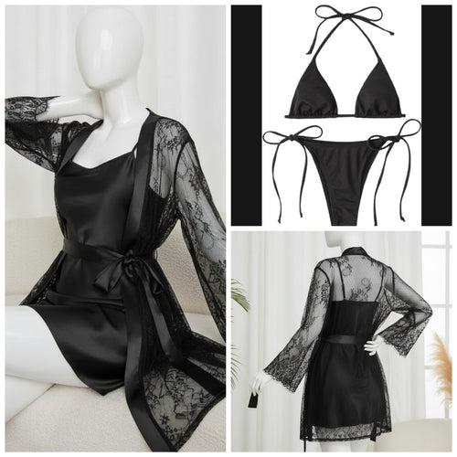 4 Piece Women’s Transparent Net Gown Set – Soft Lace Robe with Silk Inner, Bra & Panty | Free Size - Up to 38 Chest (Black)
