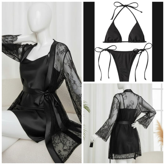 4 Piece Women’s Transparent Net Gown Set – Soft Lace Robe with Silk Inner, Bra & Panty | Free Size - Up to 38 Chest (Black)