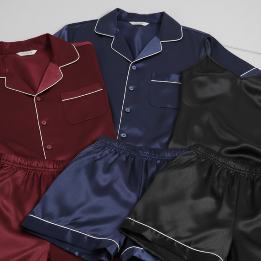 Couple Silk Night Suit / Sleepwear Set – Shirt & Shorts with Slip Dress | Maroon
