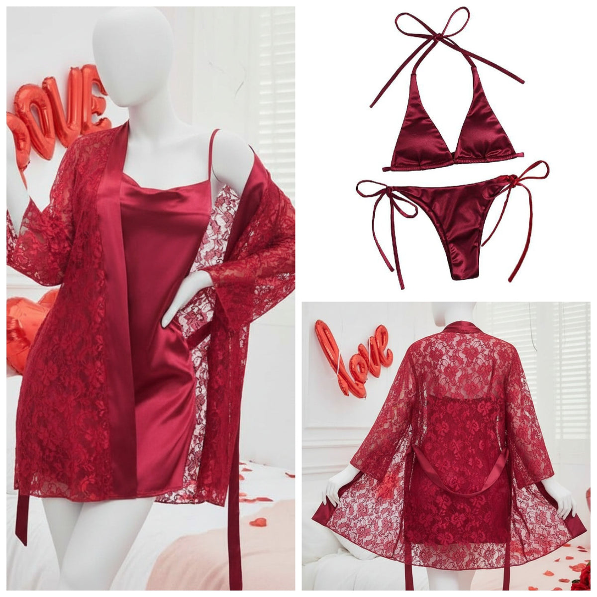 4 Piece Women’s Transparent Net Gown Set – Soft Lace Robe with Silk Inner, Bra & Panty | Free Size - Up to 38 Chest (Black)