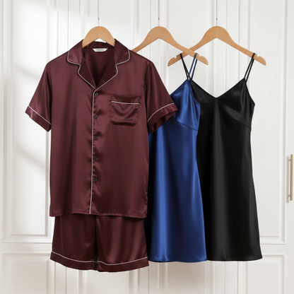 Couple Silk Night Suit / Sleepwear Set – Shirt & Shorts with Slip Dress | Maroon