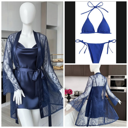 4 Piece Women’s Transparent Net Gown Set – Soft Lace Robe with Silk Inner, Bra & Panty | Free Size - Up to 38 Chest (Black)