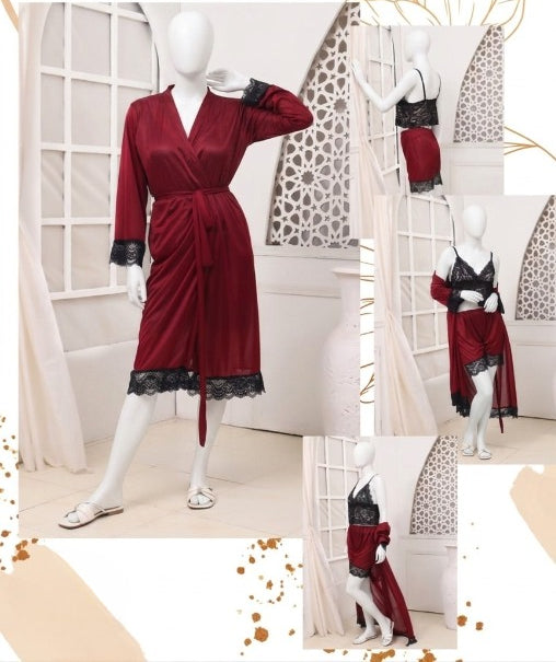 Women's Luxury Silk Nightwear Set with Black Lace – 3 Piece Robe & Slip Dress (Color Black Free Size)