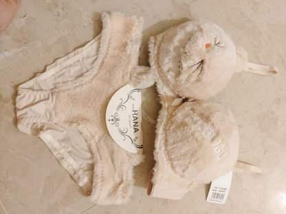 Cute Fur Style Double Padded Woolen Bikini Set – Soft Beige Plush Bra & Panty Lingerie Set - Size 38