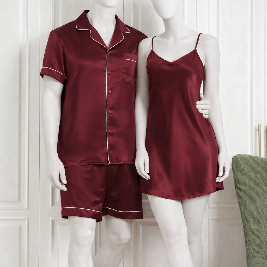 Couple Silk Night Suit / Sleepwear Set – Shirt & Shorts with Slip Dress | Maroon