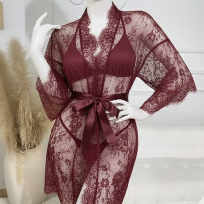 3 Piece Net Gown Set with Bra & Panty | Soft Lace Robe Lingerie | Free Size (fit upto 38 chest) | Black