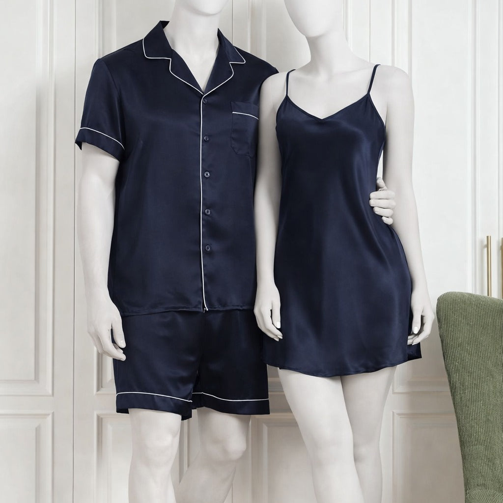 Couple Silk Night Suit / Sleepwear Set – Shirt & Shorts with Slip Dress | Maroon