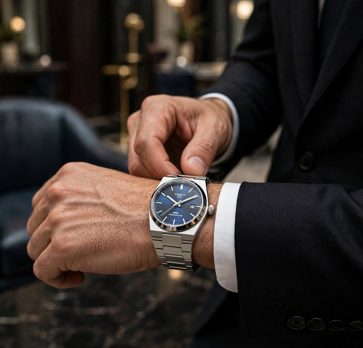Blue dial watch on wrist