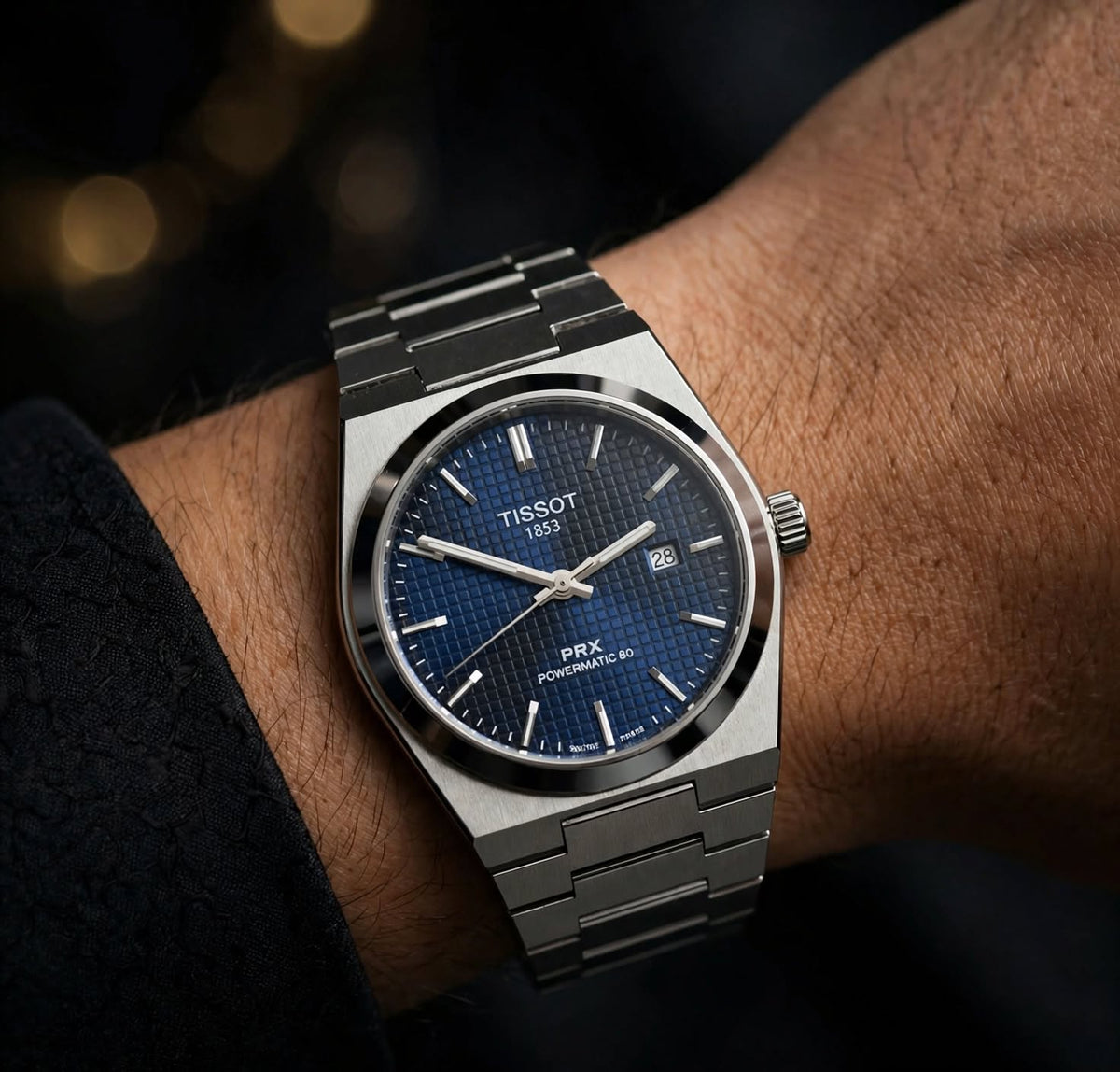 Blue textured dial close-up
