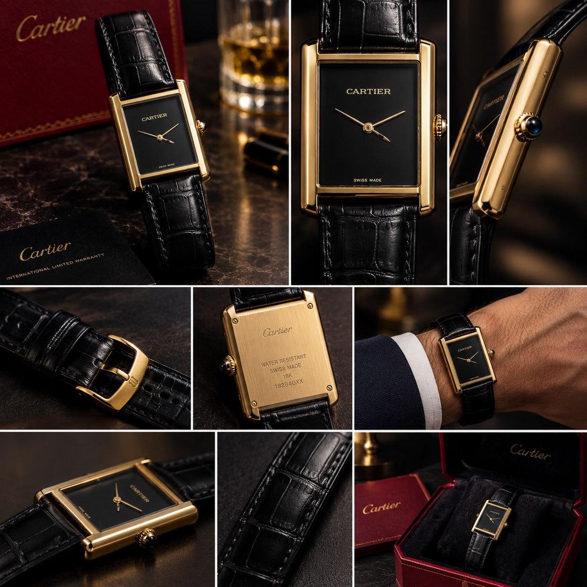 Luxury rectangular black and gold watch with black strap